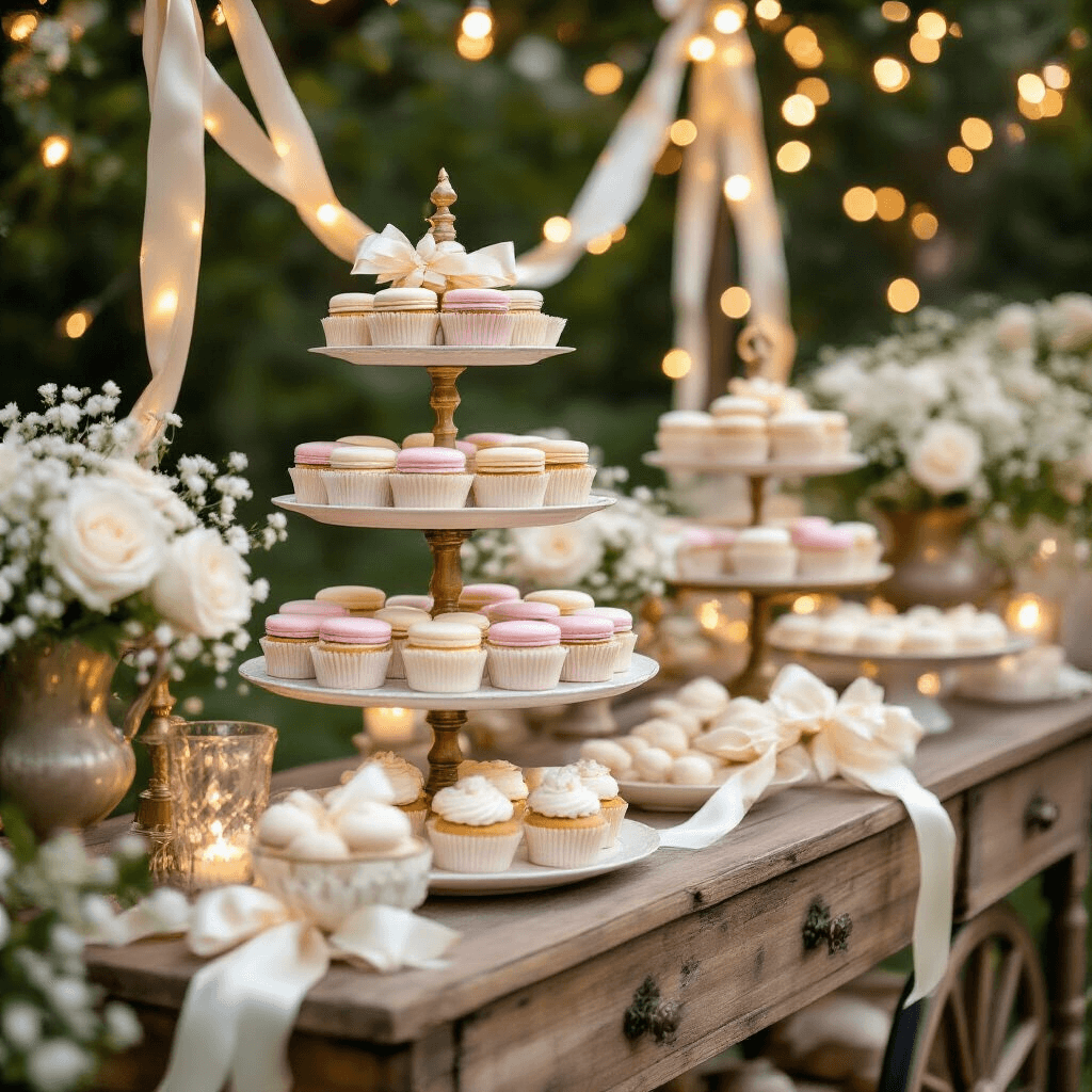 Close-up of a whimsical garden baby shower dessert station with pastel macarons and mini cupcakes on a rustic wooden cart, accented by gold and ivory decor, silk ribbon garlands, and warm string lights, alongside fresh white roses and baby's breath in antique vessels.