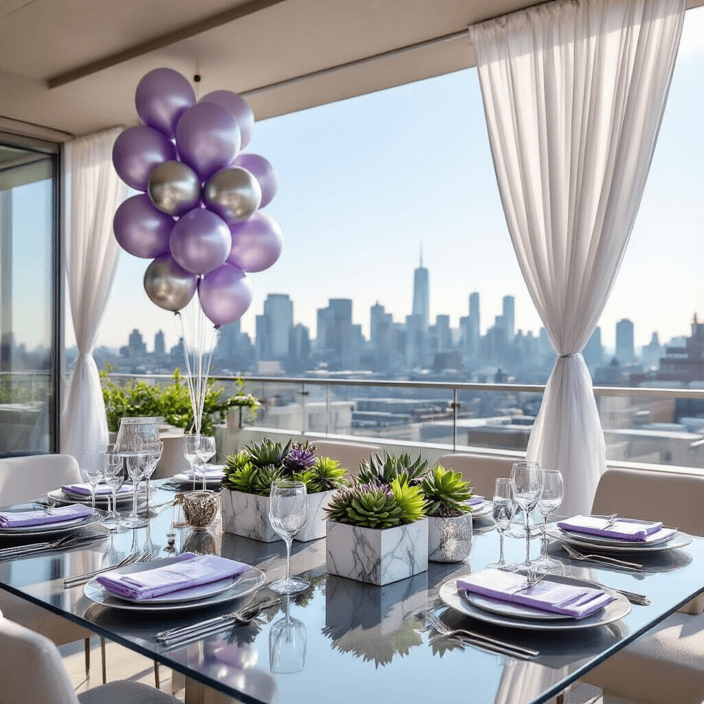 Wide-angle view of a modern rooftop terrace baby shower, featuring sleek glass tables set with contemporary place settings and geometric succulent centerpieces. Lavender and silver palette complemented by an urban skyline backdrop, natural sunlight illuminating sheer white drapery, metallic balloon arrangements, custom signage, and minimalist gift displays for a luxe celebration.