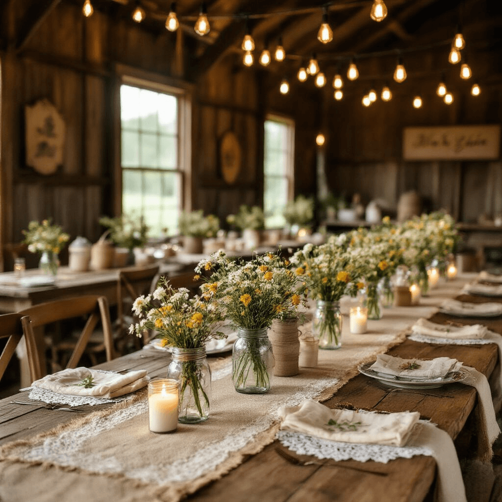 Cinematic shot of a rustic barn baby shower with cozy dining setup featuring long wooden tables adorned with burlap runners, vintage lace doilies, and wildflower-filled mason jar centerpieces, all under warm candlelight and string lights, creating a nostalgic and heartwarming atmosphere.