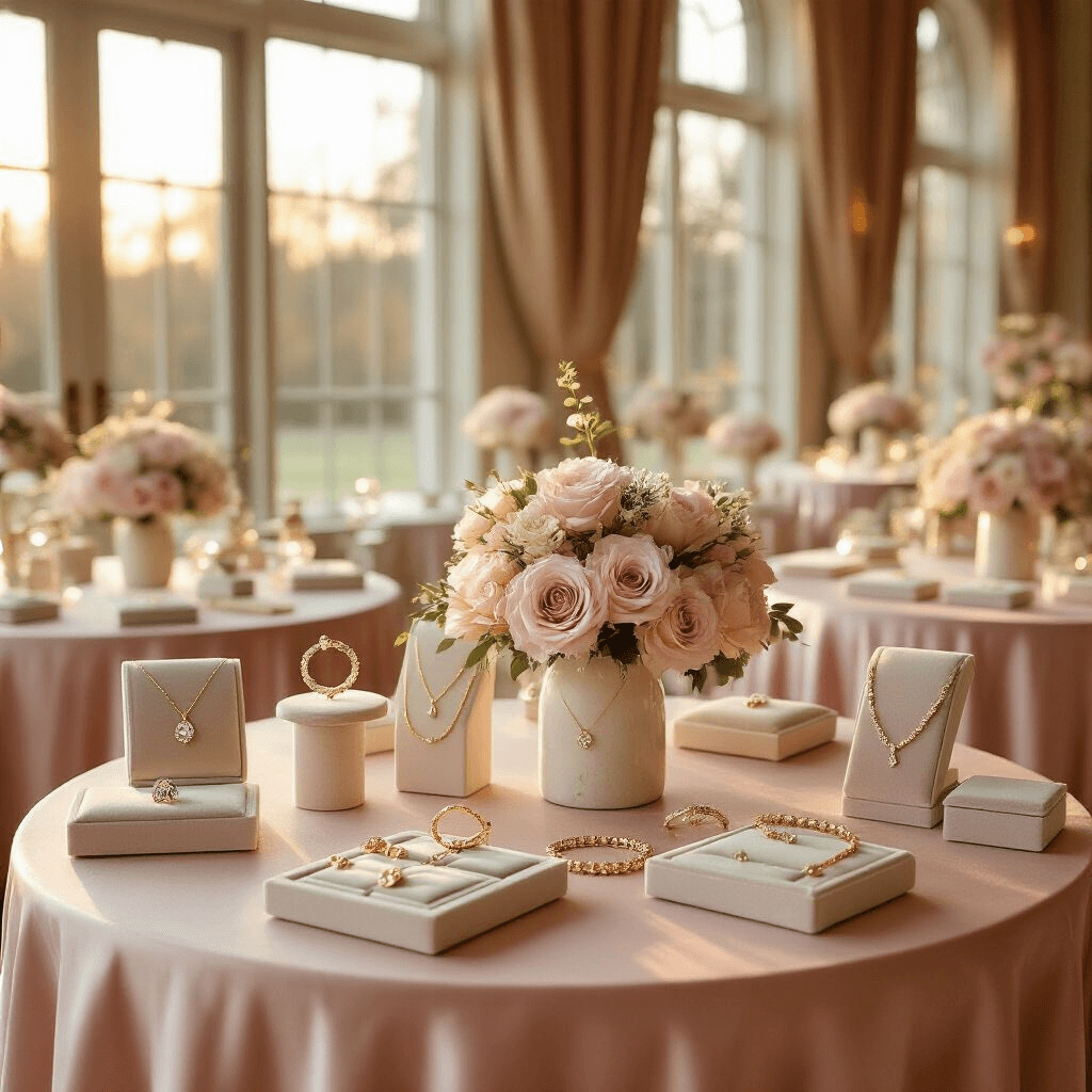 Elegant indoor ballroom with round tables covered in blush pink silk linens, featuring personalized jewelry displays of delicate script necklaces, birthstone rings, and engraved bracelets on marble pedestals, illuminated by soft golden hour light filtering through tall windows. Crystal display cases and cream florals enhance the aesthetic.