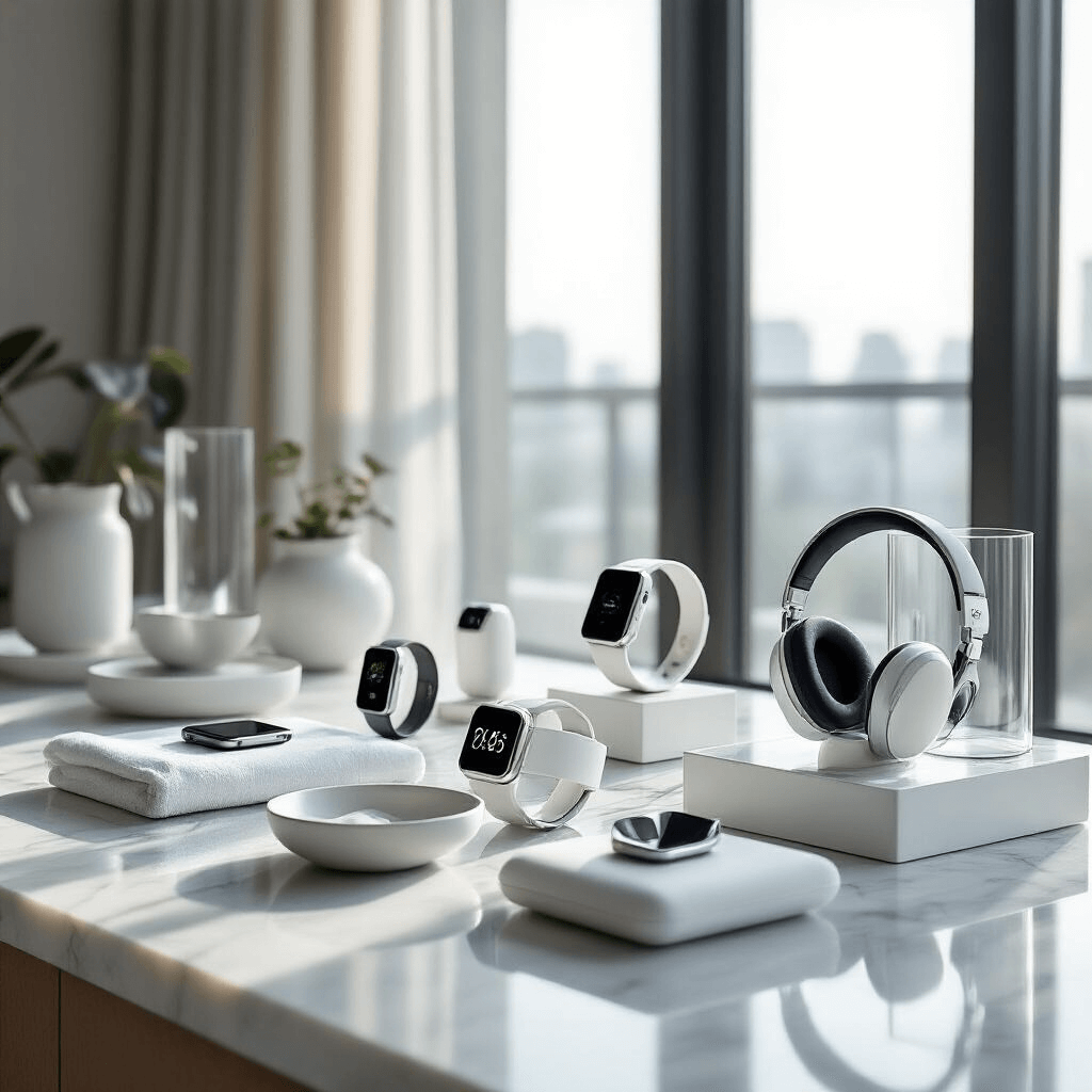 Modern apartment interior featuring tech gadgets arranged on marble countertops, illuminated by soft morning light through large windows; includes smartwatches, wireless headphones, and chic phone accessories, complemented by clean white linens and silver accents for a minimalist aesthetic.