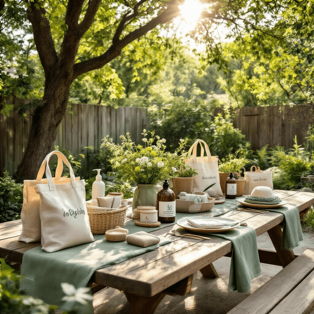 Stylish backyard picnic setup under midday sun featuring eco-friendly products, monogrammed items, and fresh florals, all displayed on natural wood tables with sage green linens, showcasing sustainable gifts.