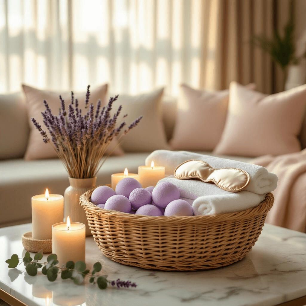 Elegant spa-themed gift presentation in a softly lit modern living room, featuring a luxurious wicker basket filled with lavender bath bombs, flickering candles, silk eye masks, and plush towels, arranged on a marble coffee table, bathed in warm golden sunlight.