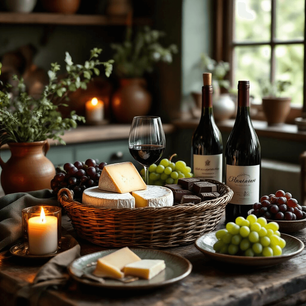 A cozy kitchen nook featuring a gourmet foodie basket with artisan cheeses, dark chocolates, and wine bottles, arranged on a rustic wooden table adorned with vintage brass accents, surrounded by fresh grapes and illuminated by warm candlelight, all in a terracotta and sage green color scheme.