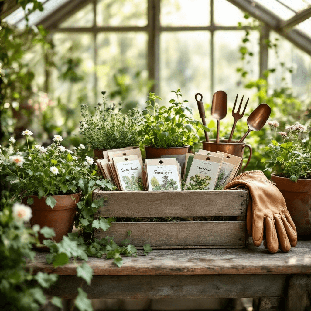 Whimsical gardening gift basket in a sun-drenched greenhouse, featuring a weathered wooden crate filled with seed packets, copper tools, leather gloves, and potted herbs on a vintage potting bench, surrounded by fresh florals and trailing ivy in an earthy palette of sage, cream, and natural wood tones.