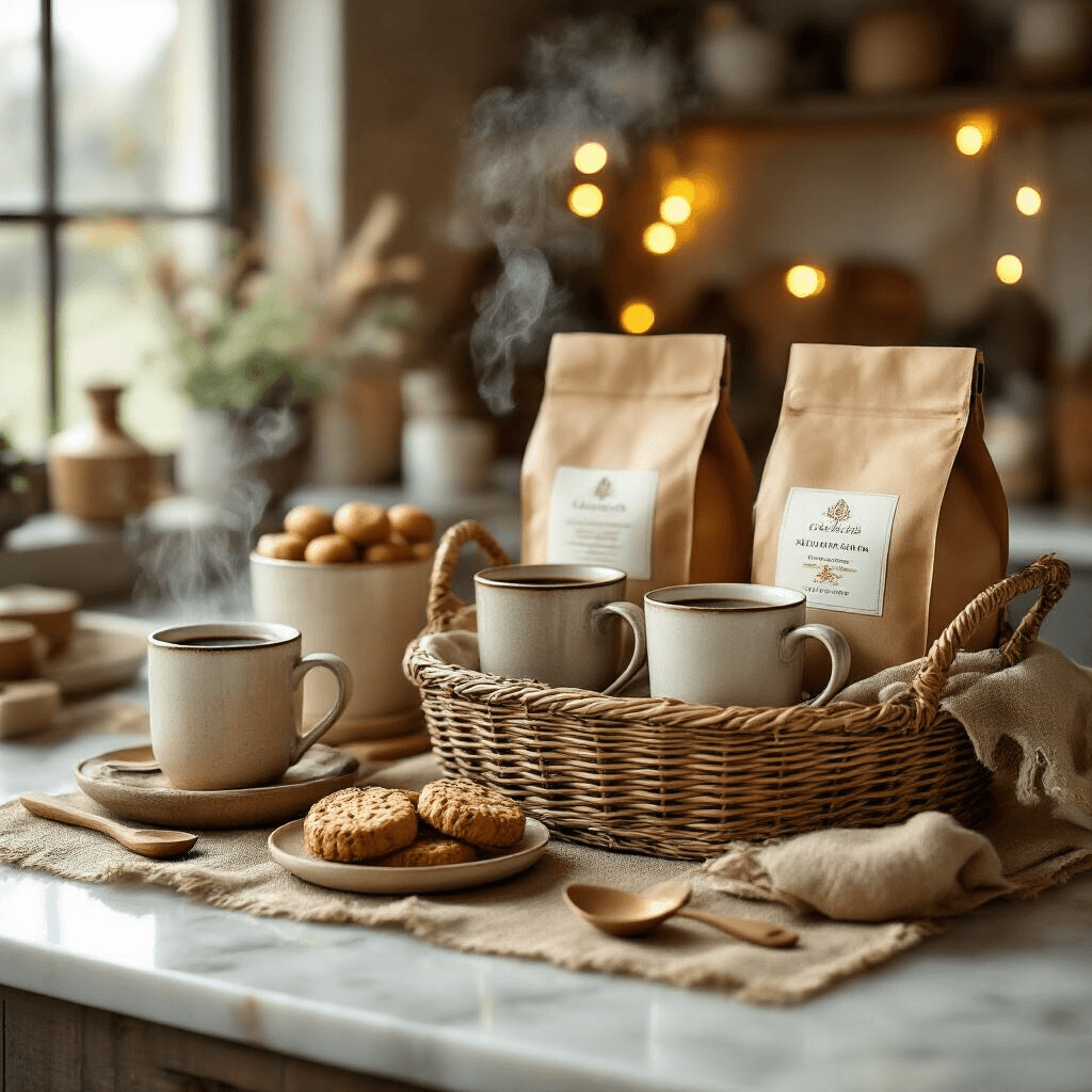 A cozy coffee enthusiast basket on a marble counter, featuring artisan coffee bags, ceramic mugs, and gourmet treats, illuminated by warm fairy lights in a gold and ivory palette, with steam rising from freshly brewed coffee, creating an intimate café atmosphere.