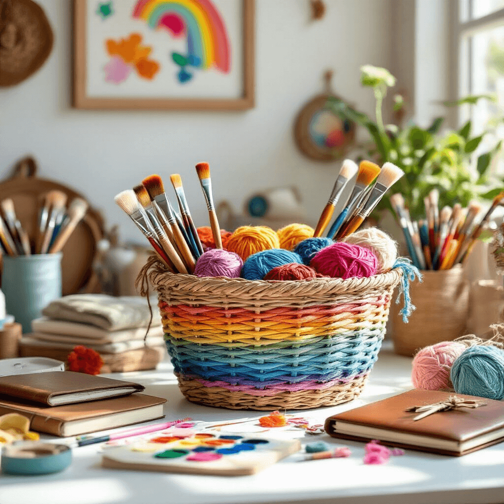 A vibrant artist studio featuring a woven basket overflowing with colorful yarn, quality brushes, and leather journals on a clean white desk, illuminated by midday sunlight. The scene includes a rainbow palette and inspirational wall art, showcasing artistic tools and textures of paper, fabric, and artisan materials.
