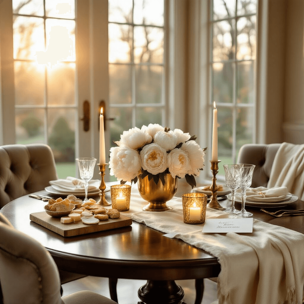 Elegant indoor dining room set for a housewarming celebration, featuring a round mahogany table with luxury candles, a fresh peonies centerpiece, gourmet snacks on artisan cutting boards, and crystal glassware. The warm ivory and brass decor is complemented by soft throw blankets on velvet chairs, all bathed in golden hour light.