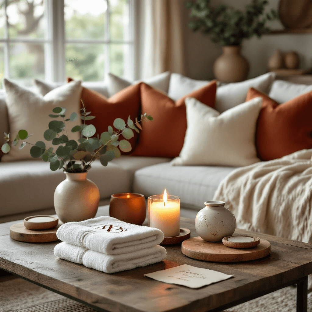 A cozy living room set up for a housewarming gathering, featuring a candlelit ambiance, low coffee table with monogrammed towels, sculptural candle holders casting shadows, plush pillows in terracotta and cream, wooden cheese boards, essential oil diffuser, fresh eucalyptus arrangements, and handwritten welcome notes. Textures include soft wool, smooth ceramics, and rustic wood.