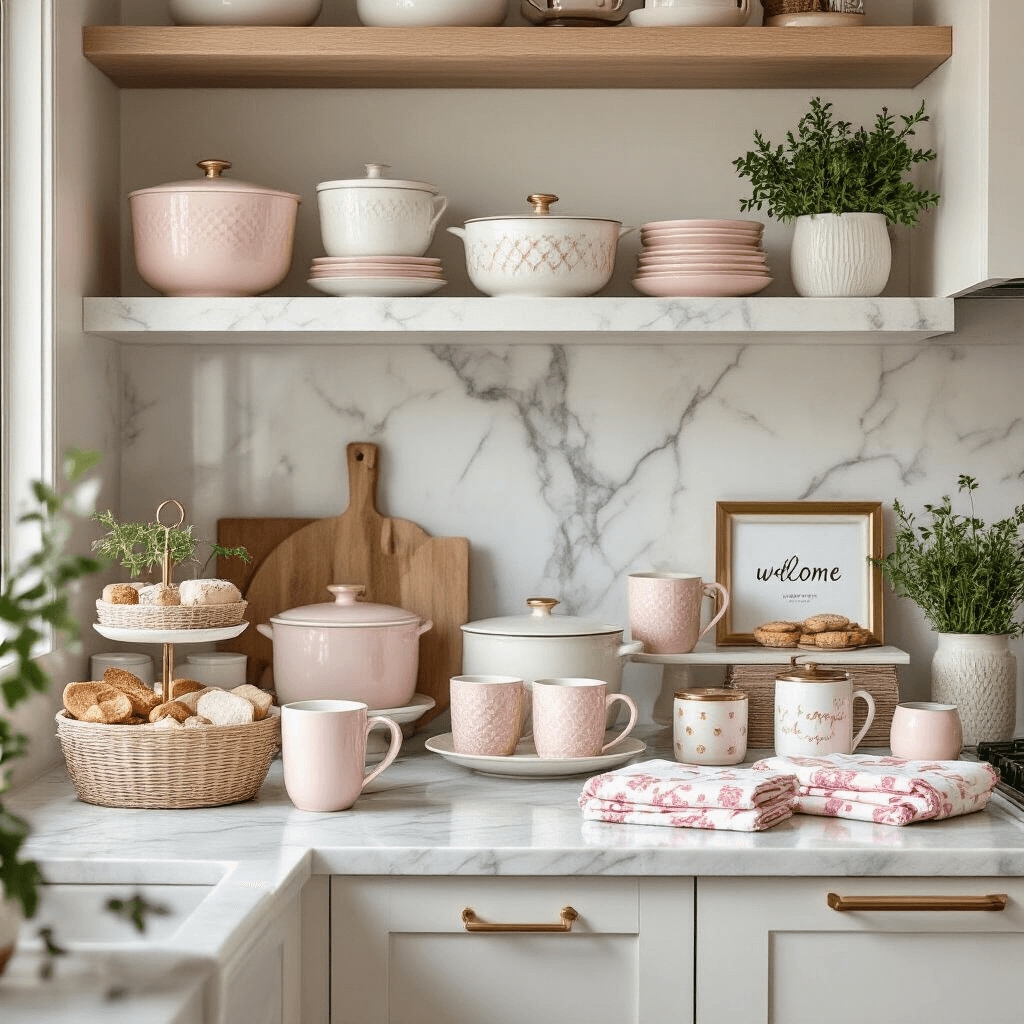 A modern apartment kitchen set for a housewarming party, featuring marble countertops adorned with bakeware, unique mugs on tiered stands, custom gift baskets with gourmet snacks, decorative blush pink tea towels, and minimalist picture frames with welcome messages, all complemented by brass accents and fresh herbs in glass containers.