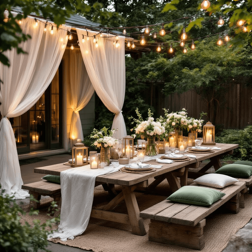 Stylish backyard housewarming celebration featuring picnic setup on reclaimed wood tables with cocktail kits, sheer drapery for intimate nooks, modern vases with white florals, and personalized signage. Velvet sage green cushions, glass lanterns with candles, and engraved picture frames as place settings. Layered textiles including linen napkins and silk ribbons under whimsical string lights.