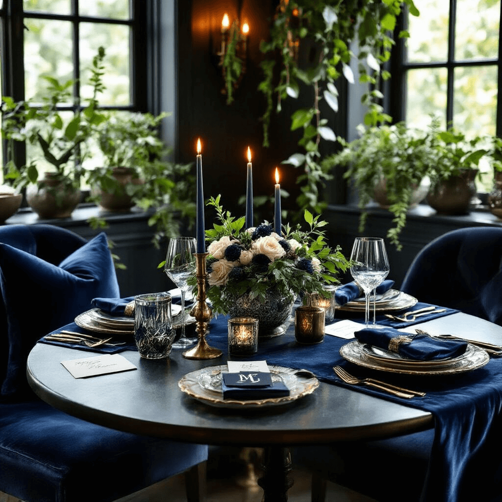 Intimate dining nook with a small round table set for a housewarming dinner, featuring a luxury home fragrance collection as the centerpiece, monogrammed place settings, artisan glassware, rich velvet and silk textures, brass candlesticks, ceramic serving pieces, and fresh greenery in modern planters, all illuminated by candlelight to create a moody, sophisticated atmosphere.