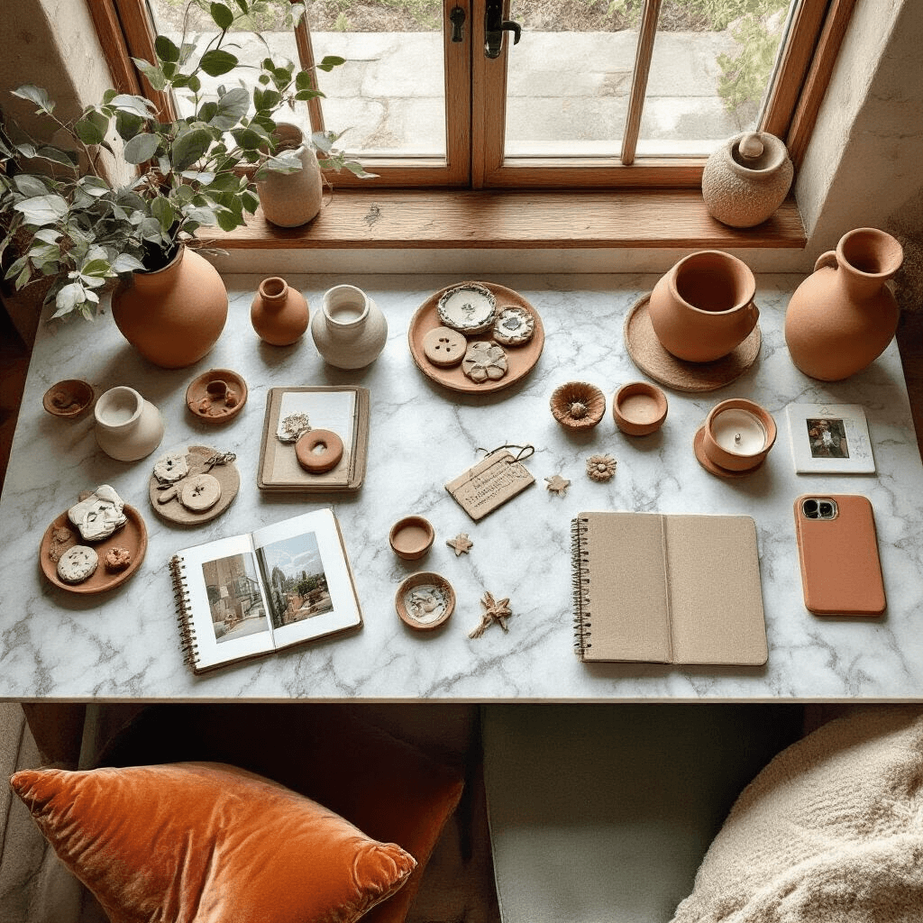 Overhead view of an intimate dining nook featuring marble countertops, DIY craft gift stations with terracotta and sage elements, handcrafted clay trinkets, personalized photo albums, custom phone cases on rustic wooden surfaces, illuminated by soft morning light, with velvet cushions and ceramic vessels adding texture.