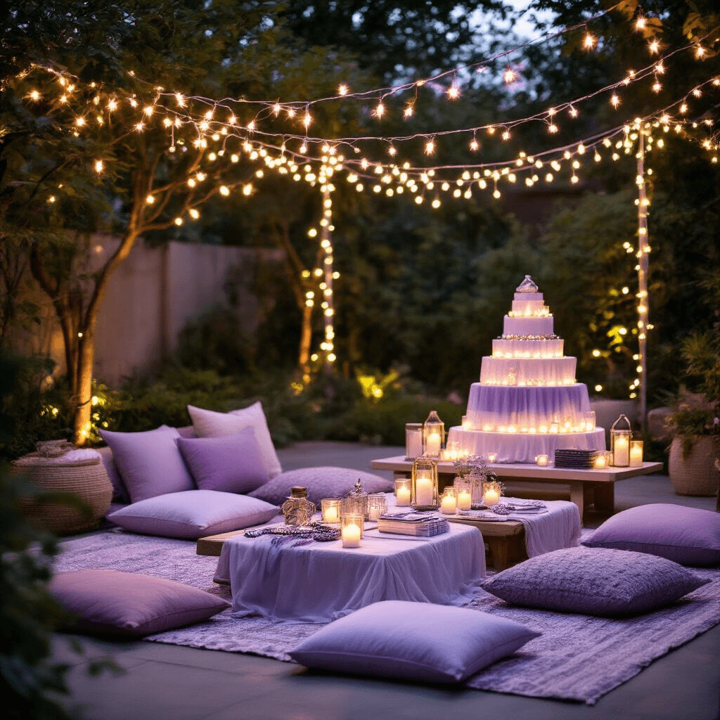 Cinematic evening celebration in a stylish backyard with fairy lights overhead, low tables adorned with lavender and silver friendship bracelets, floor cushions, candlelit ambiance, and tiered gift displays featuring LED lights and aesthetic stationery sets on sheer draped surfaces.