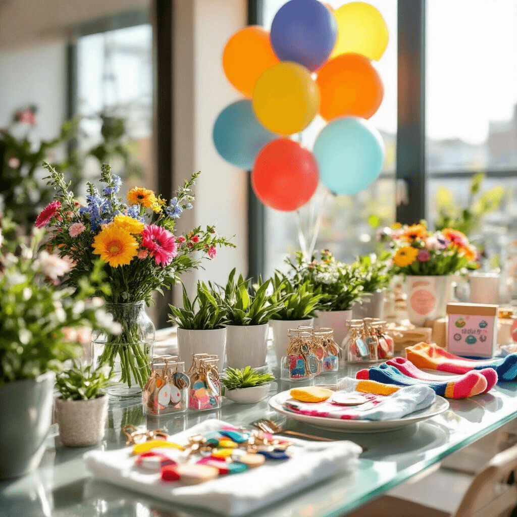 Close-up of a budget-friendly gift party setup in a modern apartment, featuring miniature plant kits, novelty keychains, and funny socks on glass surfaces, illuminated by natural midday sunlight. Fresh florals in bold colors and playful balloon clusters adorn clean white linens.