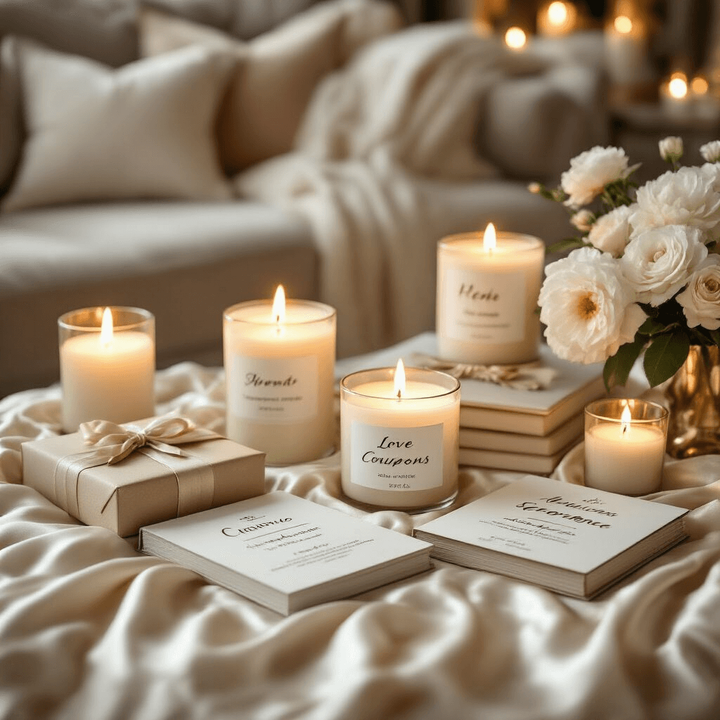 A cozy living room illuminated by candlelight, showcasing personalized love coupons, photo books, and experience gift certificates on silk-draped surfaces, surrounded by gold and ivory decor, velvet cushions, and fresh white flowers.