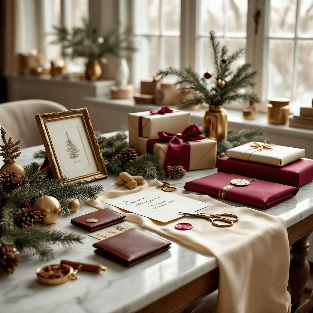 Cinematic wide-angle shot of a cozy indoor gift wrapping station featuring a marble dining table with custom Christmas gifts, rich burgundy and gold wrapping paper, vintage brass scissors, and organic elements like evergreen sprigs and cinnamon sticks, all bathed in soft morning light.