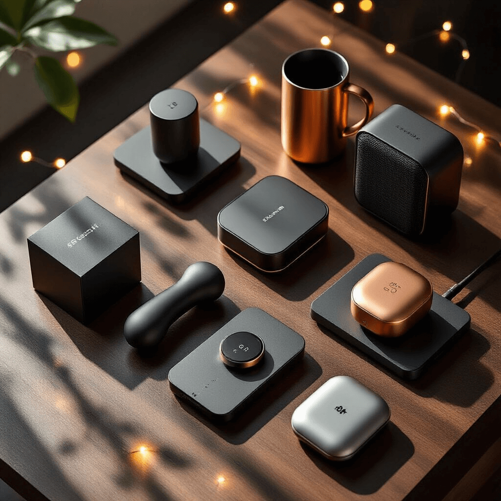 Overhead view of a sleek tech gift display on dark walnut, featuring wireless chargers, Bluetooth speakers, and temperature-control mugs, with matte black and silver packaging accented by warm copper, illuminated by golden hour light and soft bokeh from fairy lights.