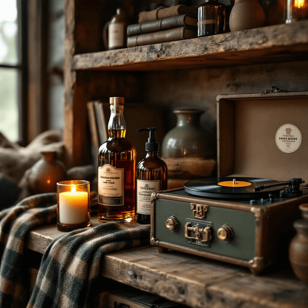 Close-up of a rustic gift collection in a cozy living room, featuring a whiskey infusion kit, a beard grooming set, and a vintage record player on reclaimed wood shelves, illuminated by warm candlelight and Edison bulbs, with leather textures, amber glass bottles, and green accents.