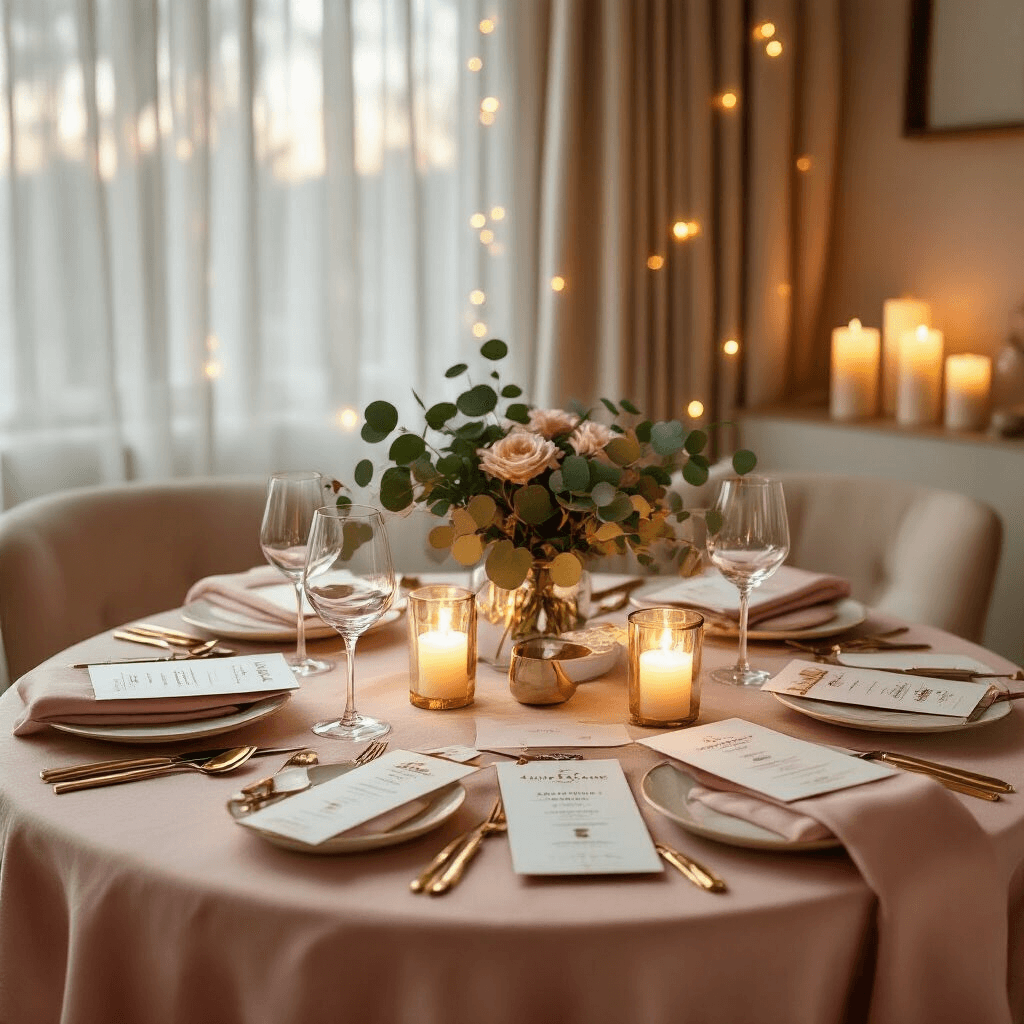 Elegant dining nook with a round table set for gift presentation, featuring adventure vouchers, cooking class certificates, and scratch-off date books, surrounded by blush pink and cream linens, gold-rimmed glassware, fresh eucalyptus centerpieces, and glowing pillar candles, all illuminated by soft evening light and string lights.