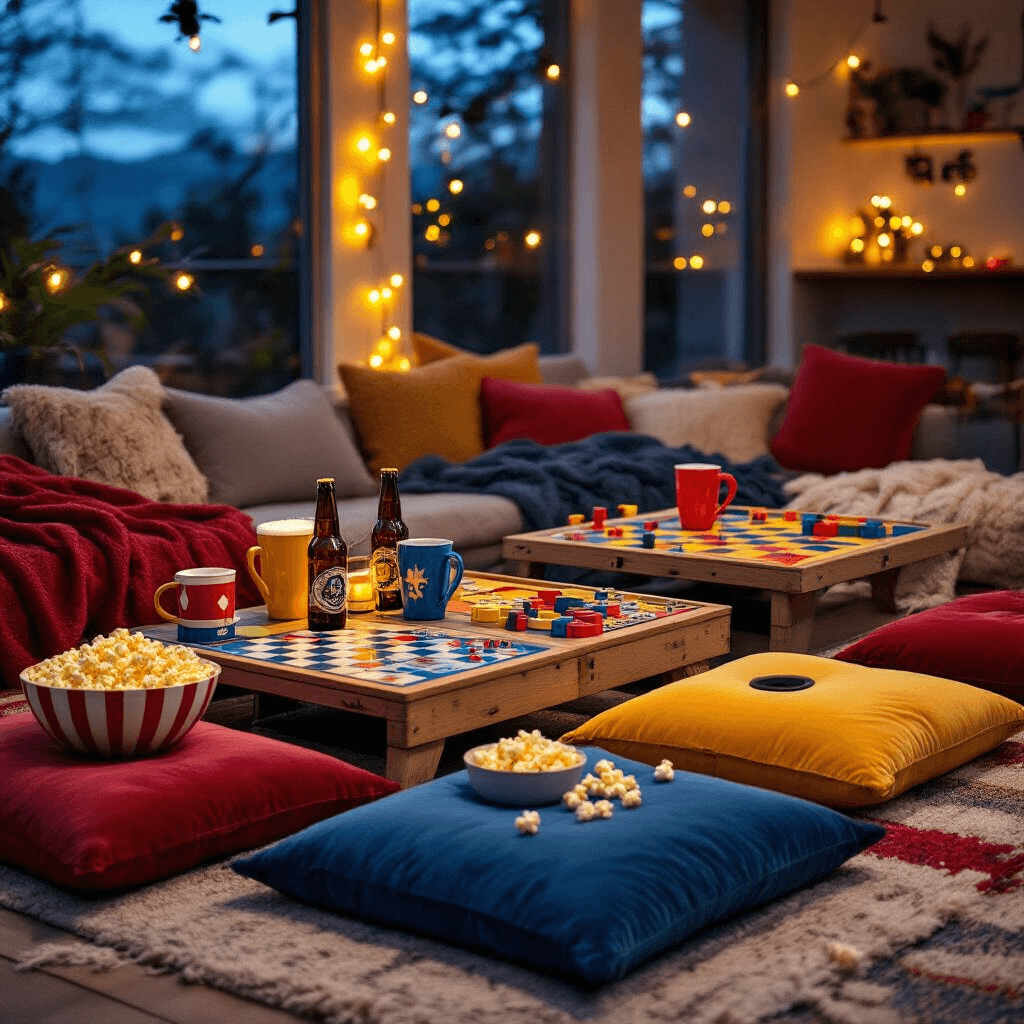 Cinematic image of a vibrant game night setup featuring board games, cornhole sets, and colorful novelty mugs in a cozy living space adorned with fairy lights, velvet floor cushions, and festive primary colors, complemented by popcorn bowls and craft beer bottles.
