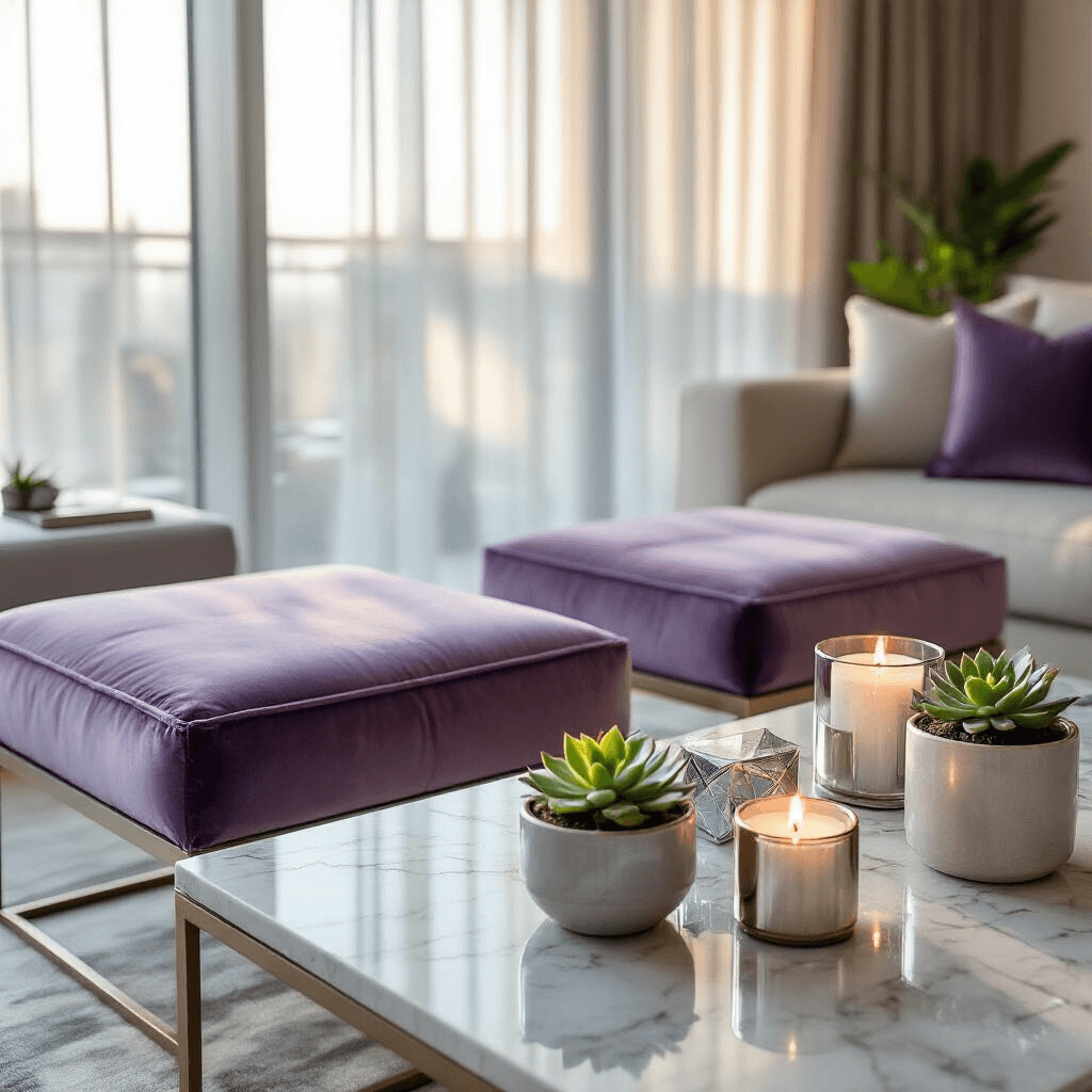 Close-up of a modern living room with velvet floor cushions in lavender and silver, minimalist gift arrangements on glass tables, geometric candles, and succulent plants in ceramic pots, all bathed in soft morning light.