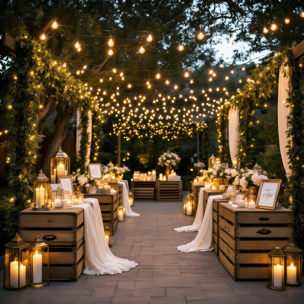 A beautifully styled backyard evening celebration featuring gold and ivory decor, with vintage wooden crates as gift stations, adorned with ivory linens and brass accents, illuminated by string lights and warm pillar candles in glass hurricanes, framed by fresh greenery garlands and custom signage.