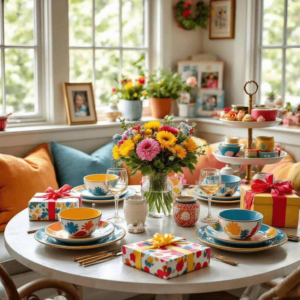 Intimate dining nook with a round bistro table set in bold primary colors, featuring colorful ceramic place settings, fresh flowers in glass vases, vibrant wrapped gifts, and personalized party favors, all illuminated by cozy morning light.