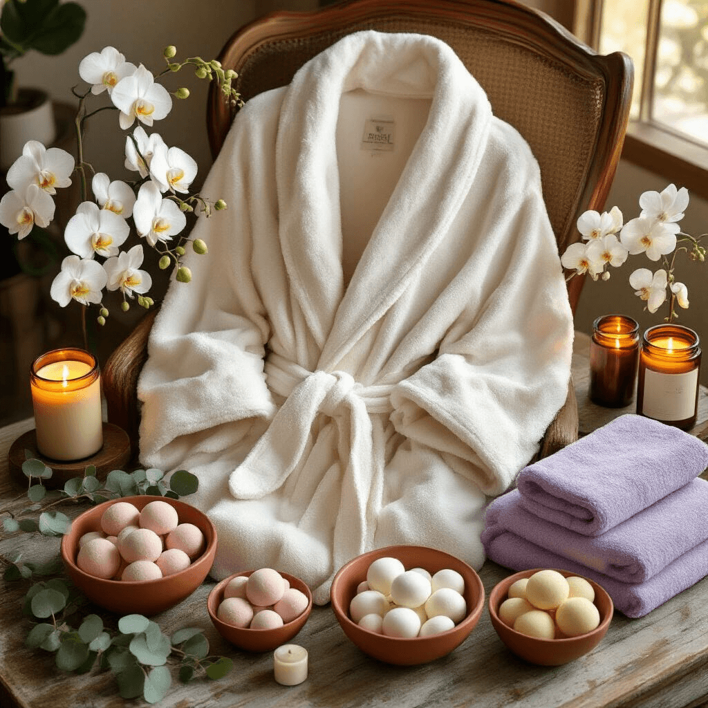 Overhead view of a cozy at-home spa setup featuring a plush ivory bathrobe on a vintage wooden chair, artisanal bath bombs in terracotta bowls, scented soy candles in amber glass, and soft lavender towels, with eucalyptus sprigs and white orchids enhancing the serene ambiance during golden hour.