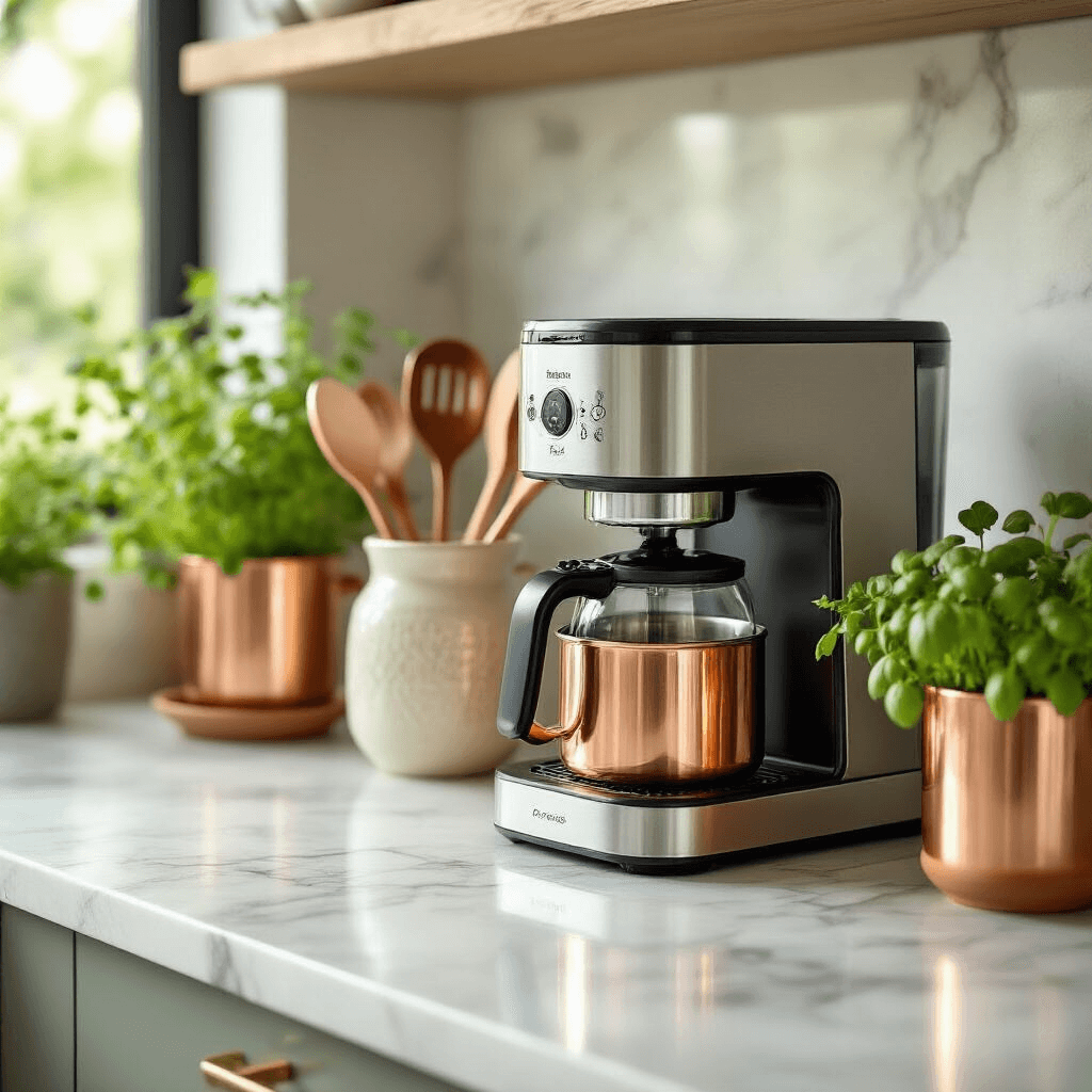 Close-up detail of a modern kitchen counter adorned for Mother's Day, featuring a sleek marble surface with a premium coffee maker, copper utensils in ceramic crocks, and fresh herbs in terracotta planters, all in a gold and ivory palette with sage green accents.