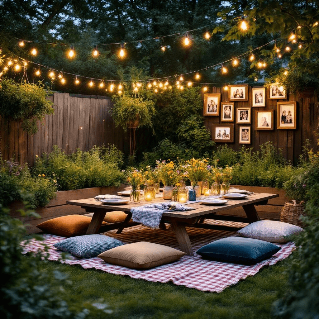A cozy backyard picnic setup with low wooden tables and velvet floor cushions, adorned with string lights and mason jar centerpieces filled with wildflowers, surrounded by herb gardens and DIY photo frames.