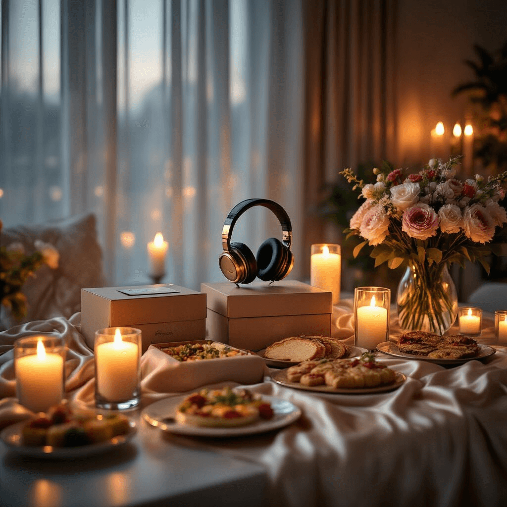 Elegant home office set up for a virtual Mother's Day celebration, featuring candlelit ambiance, gourmet food boxes, fresh flowers, and noise-canceling headphones on silk drapes.