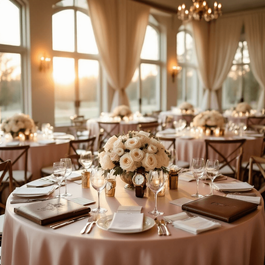 Elegant indoor ballroom anniversary celebration during golden hour, featuring round tables with blush pink silk linens, personalized map art centerpieces, leather photo albums, and soft natural sunlight streaming through tall windows, illuminating engraved watches and custom whiskey glasses on marble surfaces, with fresh white roses and cream peonies accenting the table settings and sheer ivory drapery framing the space.