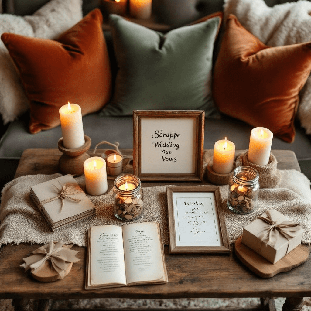 Overhead view of a cozy anniversary living room setup featuring a low wooden table adorned with DIY scrapbooks, framed wedding vows, and memory jars, surrounded by velvet cushions in terracotta and sage, with rustic burlap runners, cream throws, and glowing pillar candles creating a warm ambiance.