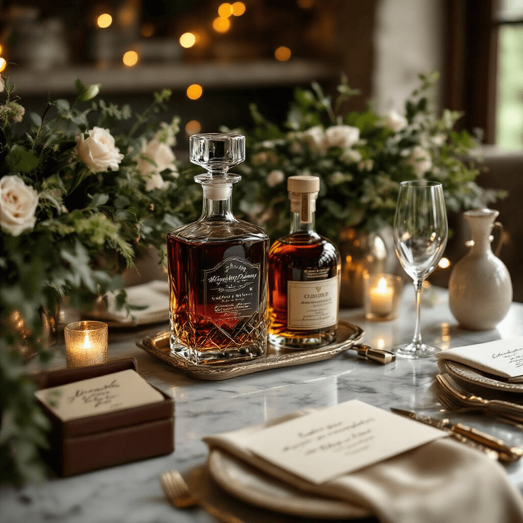 Cinematic close-up of a romantic dining nook with marble countertops displaying personalized whiskey decanters, engraved grilling tools, and custom star maps, all illuminated by soft fairy lights. The scene features a rich gold and ivory color scheme, fresh greenery, silk napkins, fine glassware, and ceramic vessels, with handwritten love letters visible in leather boxes nearby.