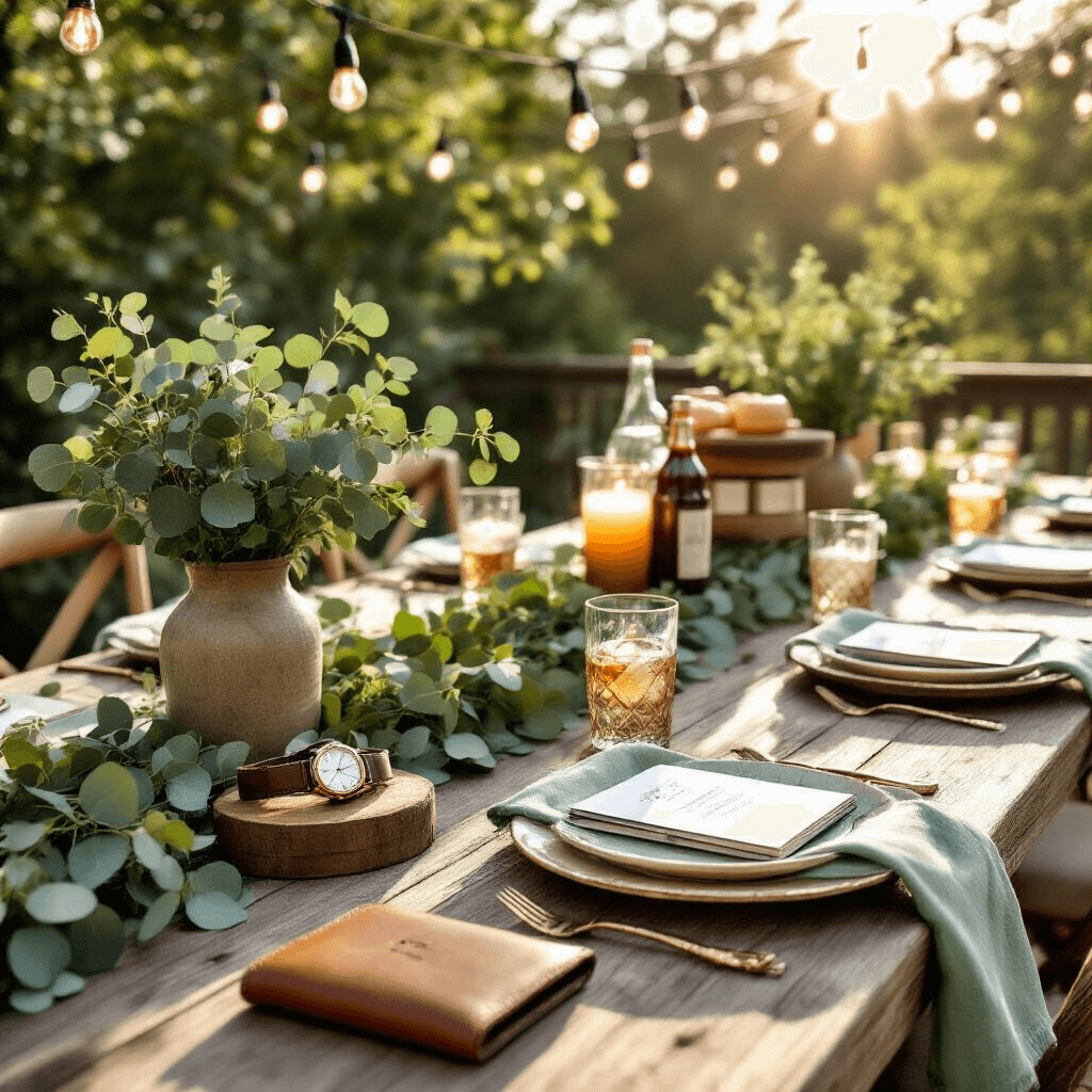 Detail shot of a rustic backyard terrace featuring a farm table set for an anniversary celebration, adorned with personalized keepsakes like custom leather wallets and engraved watches, surrounded by sage green and cream linens, eucalyptus garlands, craft cocktail kits, and BBQ sauce collections, all illuminated by natural sunlight and string lights.