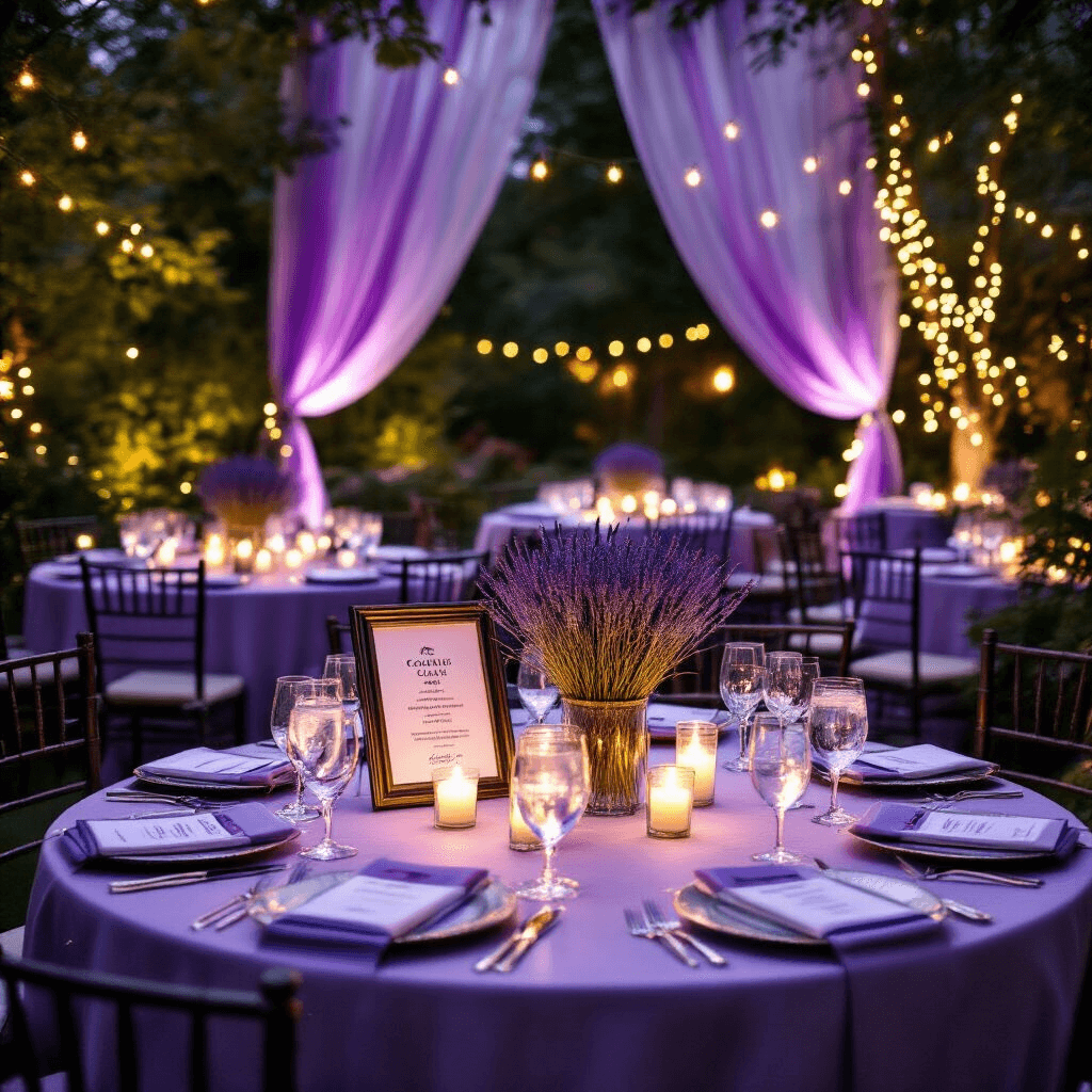 Wide-angle view of a romantic garden anniversary celebration at night, featuring round tables with lavender and silver linens, illuminated by fairy lights and candlelight. Elegant gift presentations, including concert tickets and cooking class vouchers, are displayed in frames, complemented by fresh lavender centerpieces and sheer purple drapery.