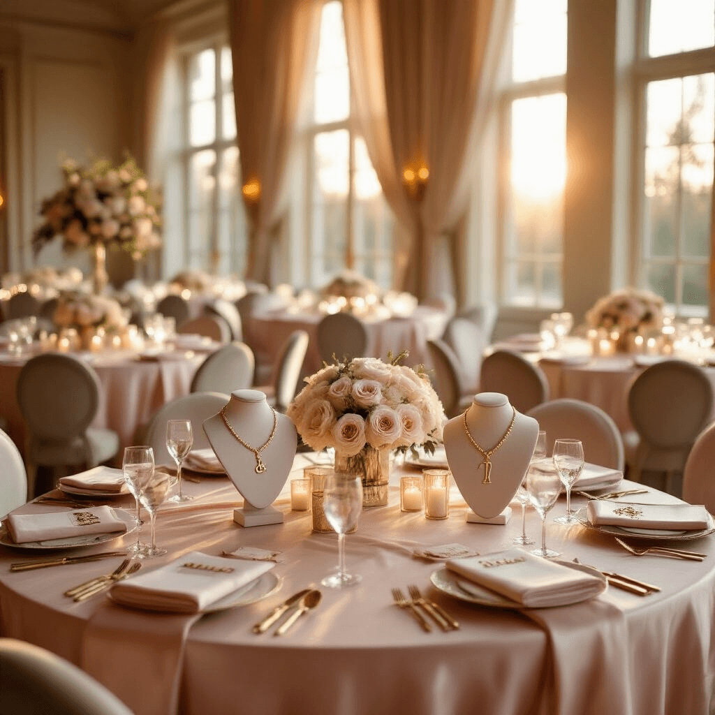Ultimate Birthday Gift Guide for Your Best Friend: Thoughtful, Fun, and Memorable Presents Cinematic wide-angle view of an elegant ballroom adorned with blush pink silk linens, personalized initial necklace centerpieces, cream roses, and gold accents, basking in soft golden hour sunlight.