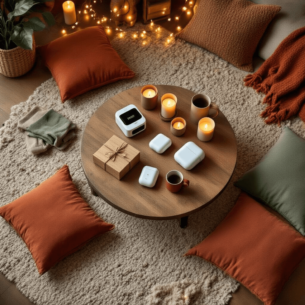 Ultimate Birthday Gift Guide for Your Best Friend: Thoughtful, Fun, and Memorable Presents Cozy living room flat lay with a low wooden table, plush terracotta and sage floor cushions, tech gifts like Kodak printers, rustic gift boxes, fairy lights, ceramic mugs, and personalized socks, all under warm amber lighting.