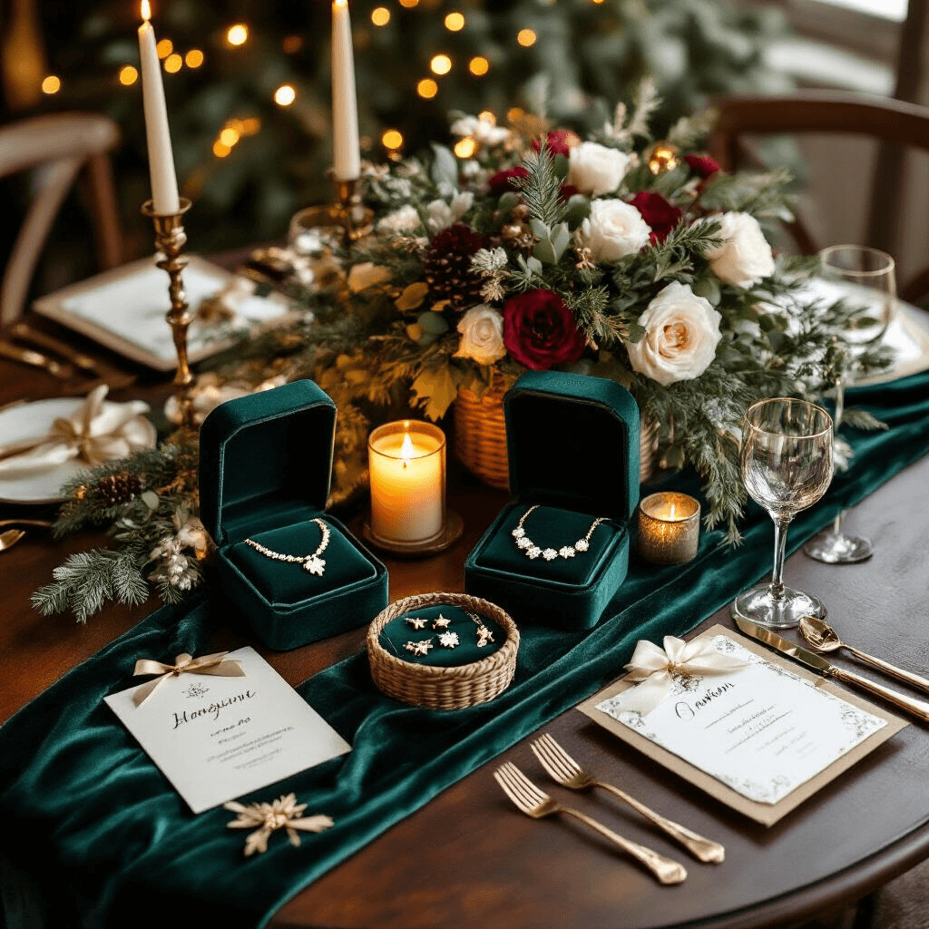 An elegant intimate dining nook featuring a round dark wood table set with personalized birth flower necklaces, velvet jewelry boxes, and personalized hampers, all under warm candlelight and soft golden string lights, with deep emerald and gold decor including a silk table runner and fresh winter florals.