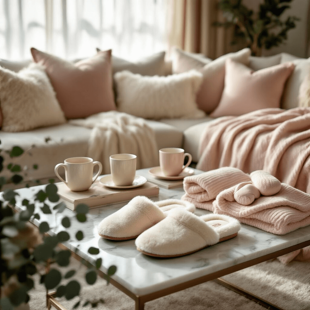 A cozy Christmas morning living room featuring plush UGG slippers on a marble coffee table, surrounded by soft cashmere loungewear sets in cream and blush pink. Natural sunlight filters through sheer curtains, illuminating layered textures of velvet cushions, silk throws, and ceramic mugs. Low tables with floor cushions are adorned with weighted sleep masks and luxury comfort gifts, beautifully styled with fresh eucalyptus sprigs.