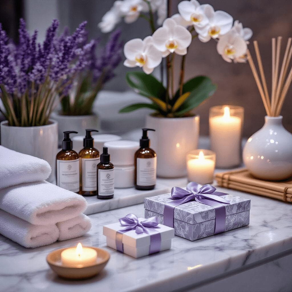 Close-up of a modern spa setup featuring marble countertops with luxury skincare sets, glass bottles of professional hair oils, and elegantly wrapped spa gift boxes; complemented by flickering candles, soft fairy lights, and fresh orchids in a lavender and silver color scheme.