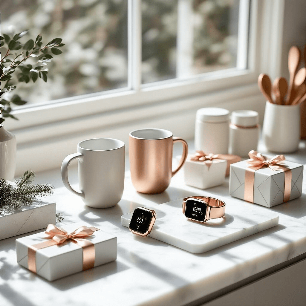 Stylish kitchen counter flat lay featuring smart tech Christmas gifts including a temperature control mug, rose gold smartwatch, and digital meat thermometer, arranged on a white marble surface under bright sunlight, with a minimalist palette of white, rose gold, and soft gray, complemented by contemporary ceramics and geometric gift boxes.