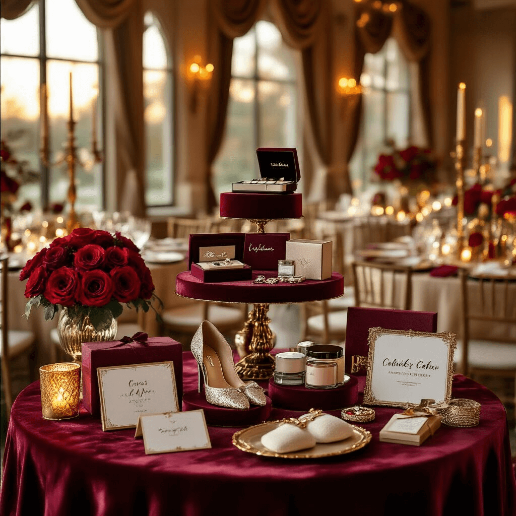 Elegant indoor ballroom gift presentation featuring tiered tables with curated gift sets, warm golden hour lighting, rich burgundy and champagne colors, silk linens, fresh red roses, and gold candelabras.