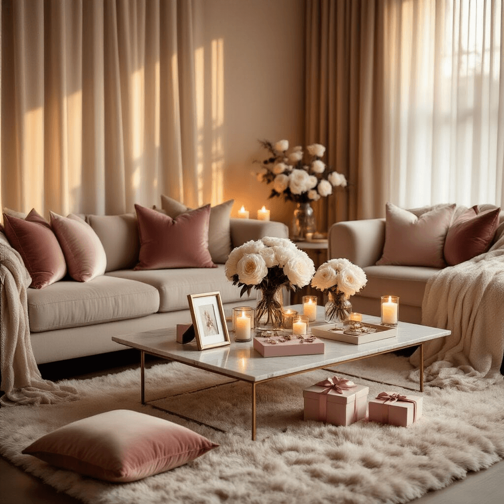 Cinematic wide-angle shot of a romantic indoor living room for a gift exchange, featuring soft golden hour light, velvet blush pink cushions, a low marble coffee table with wrapped gifts, fresh white peonies, and a cozy, candlelit ambiance.