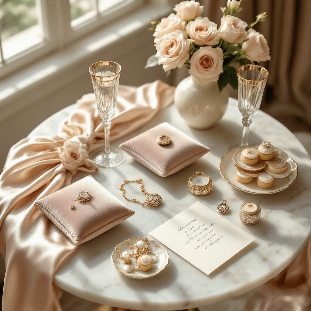 Elegant dining nook styled for jewelry gifting, featuring a round marble table with silk champagne linens, gold-rimmed glassware, delicate jewelry pieces on velvet cushions, cream roses in ceramic vases, engraved lockets, charm bracelets, handwritten love notes on ivory stationery, crystal champagne flutes, and petit fours on tiered stands, all bathed in soft morning light.