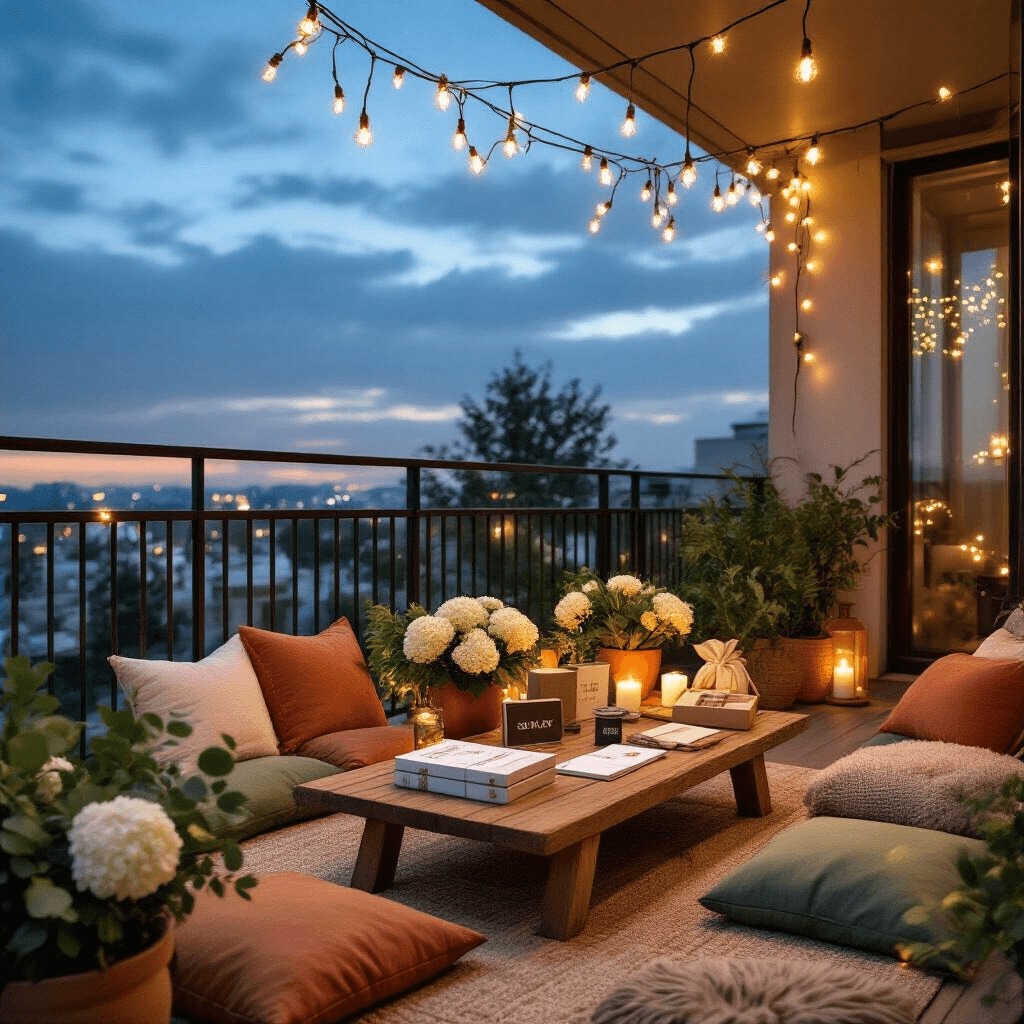 Wide-angle shot of a romantic balcony setup featuring fairy lights, adventure journals, spa kits, and cooking class vouchers on a rustic wooden table, accented with cozy textiles, plush cushions, and fresh flowers in ceramic planters.