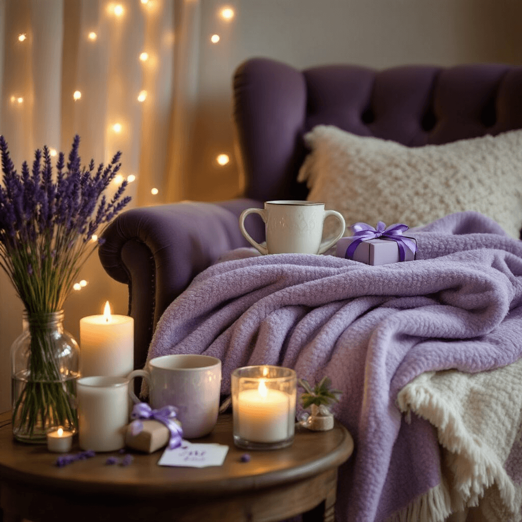 Close-up of a cozy bedroom corner featuring a velvet reading chair draped with cream and lavender throw blankets, a vintage wooden side table with quirky candles and custom mugs, and fresh lavender sprigs in glass bottles. Soft candlelight and fairy lights enhance the warm atmosphere, with handmade gift tags and silver-purple ribbon highlighting thoughtful, budget-friendly gift presentation.