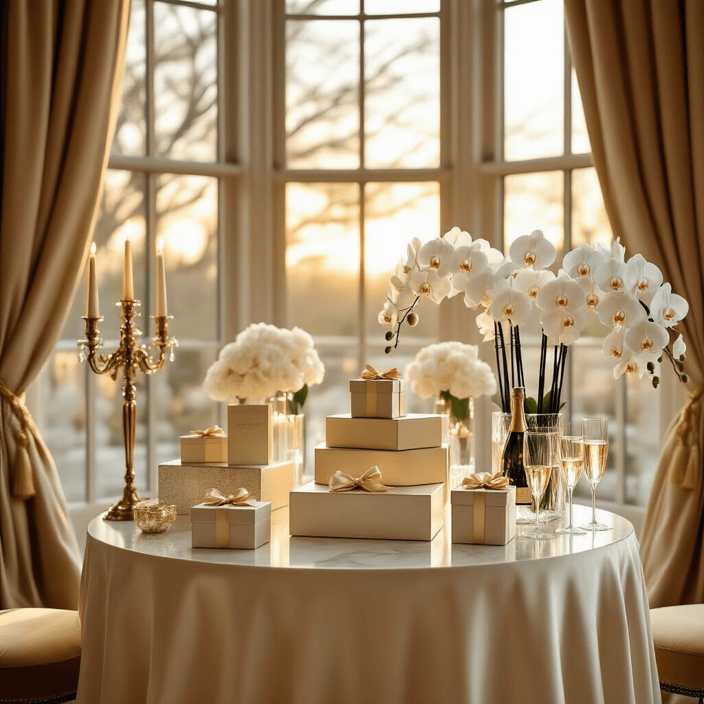 Elegant indoor ballroom corner with warm golden hour lighting illuminating a luxurious gift presentation area featuring silk ivory linens, tiered designer gift boxes, fresh white orchids, and crystal vases, alongside soft velvet cushions and sheer drapery, creating a romantic atmosphere for high-end celebrations.
