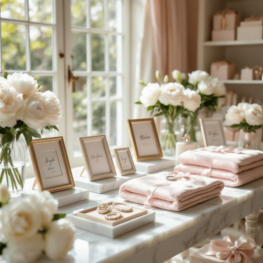 Elegant indoor boutique featuring personalized keepsakes on white marble tables, with soft morning light highlighting custom photo frames, engraved jewelry, and monogrammed silk blankets in blush pink and cream tones, surrounded by fresh white peonies and crystal displays.
